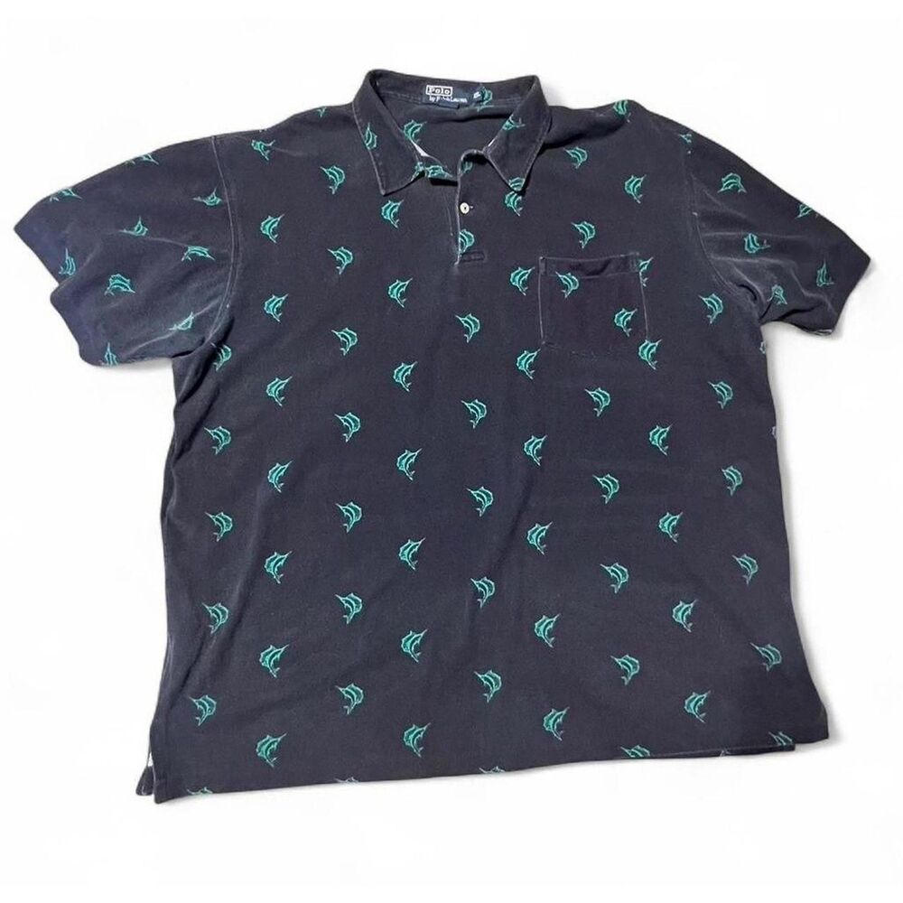 1990s Polo Ralph Lauren Nautical Marlin Embroidered Shirt Blue Green XXL